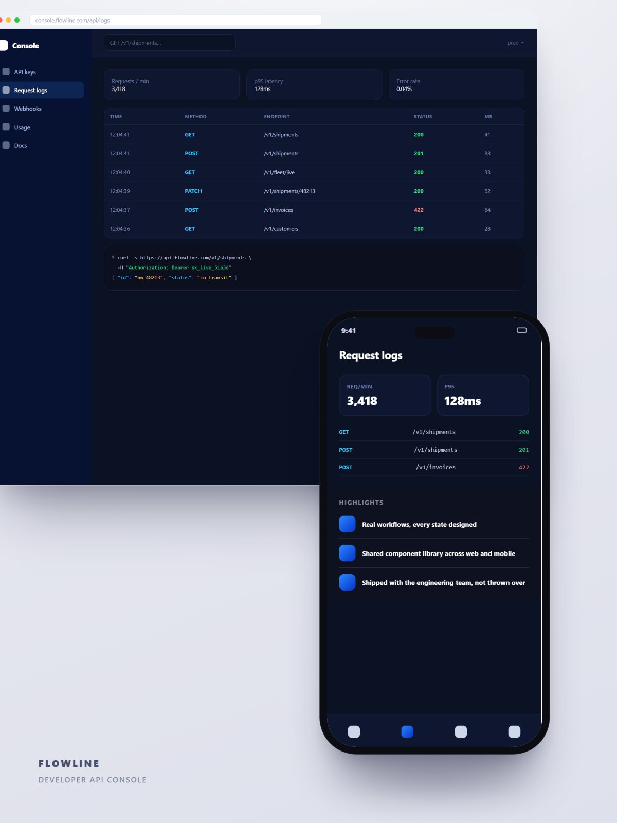 Developer API console with request logs