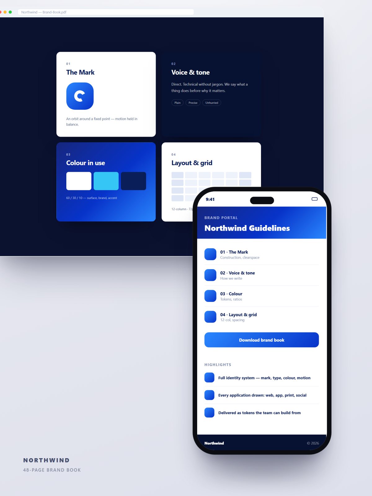 Brand book spreads — mark, voice, colour and layout