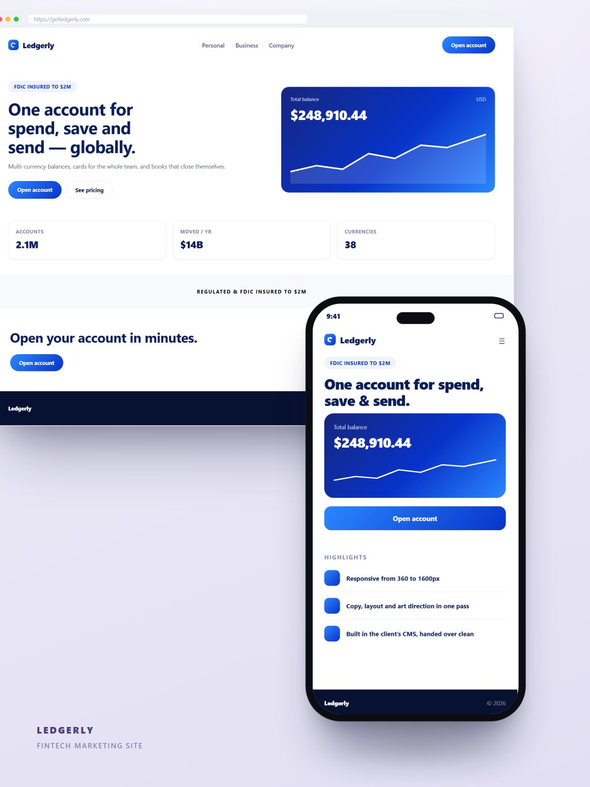 Fintech marketing site with balance dashboard